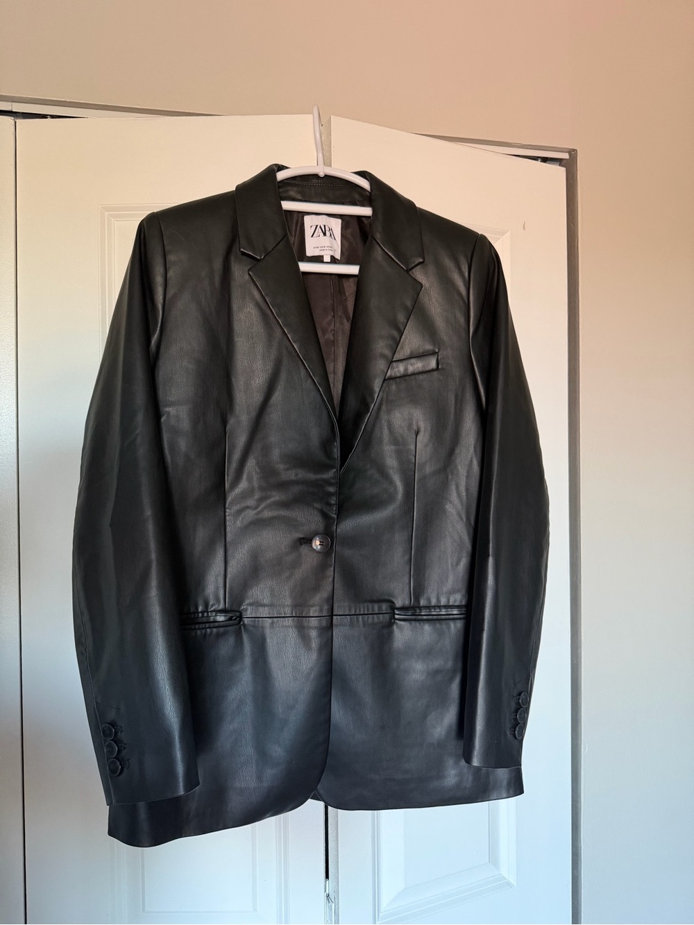 Zara Black Faux Leather Single Button Blazer Jacket – Size S